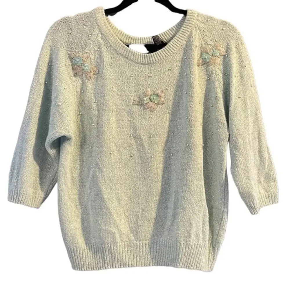 Vintage Rafferty Silk Angora Mint Green Sweater ‎ Sequins and Pearls Size Large